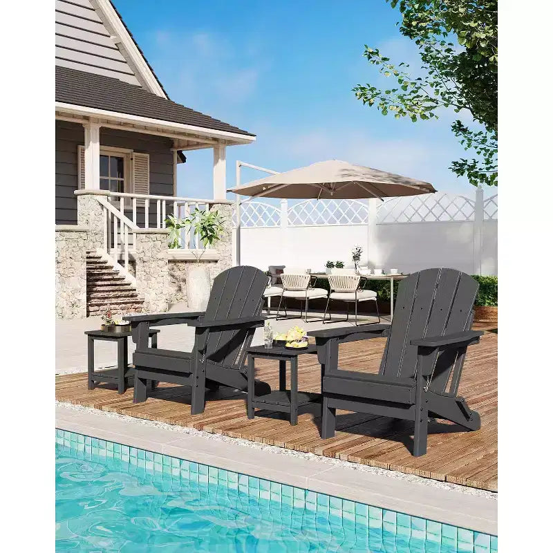 Folding Adirondack Chairs Set of 2 with Side Table, HDPE Plastic Wood Texture, 380lbs Capacity,Weather Resistant Outdoor Set for Patio, Deck,Fire Pit