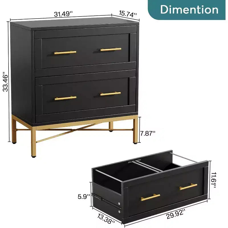 Lantine Cassettiera con 2 cassetti, Armadietto portadocumenti laterale moderno in legno per documenti formato Letter/Legale/A4 con supporto per stampante per ufficio a casa, Nero e oro