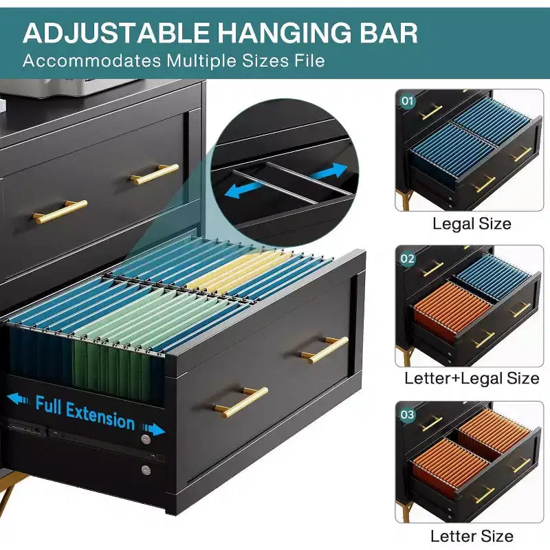 Lantine Cassettiera con 2 cassetti, Armadietto portadocumenti laterale moderno in legno per documenti formato Letter/Legale/A4 con supporto per stampante per ufficio a casa, Nero e oro