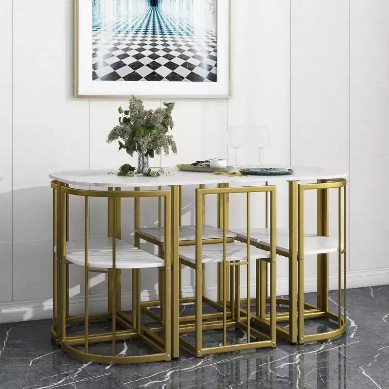 Set tavolo da pranzo moderno in marmo per 6 persone con struttura in metallo, tavolo rettangolare con adesivo effetto marmo e 6 sedie per sala da pranzo e cucina
