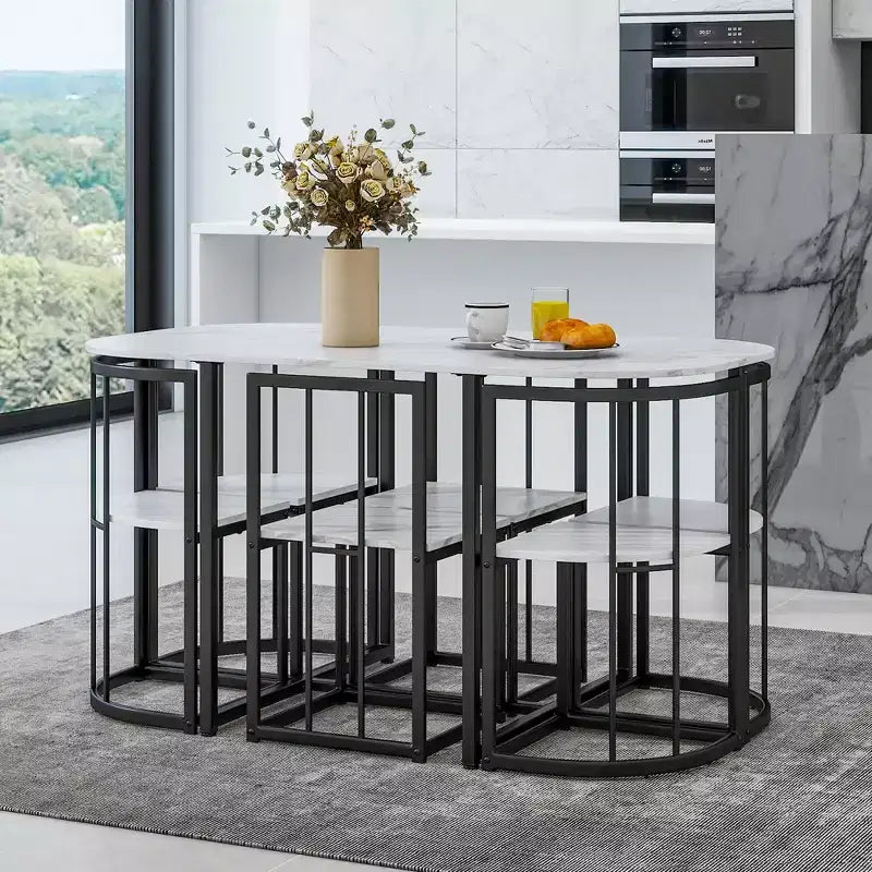 Set tavolo da pranzo moderno in marmo per 6 persone con struttura in metallo, tavolo rettangolare con adesivo effetto marmo e 6 sedie per sala da pranzo e cucina