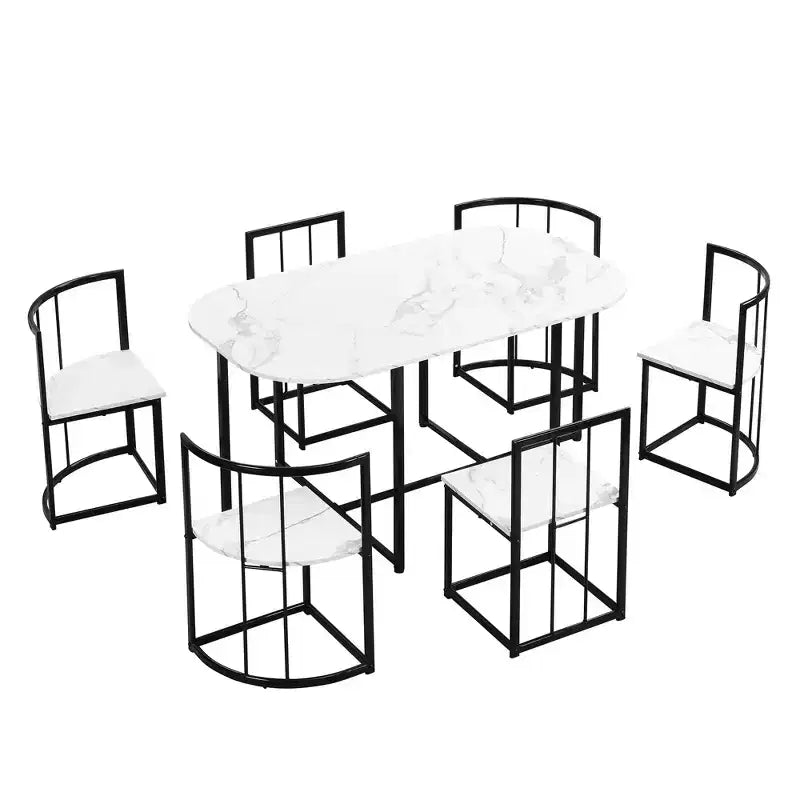 Set tavolo da pranzo moderno in marmo per 6 persone con struttura in metallo, tavolo rettangolare con adesivo effetto marmo e 6 sedie per sala da pranzo e cucina