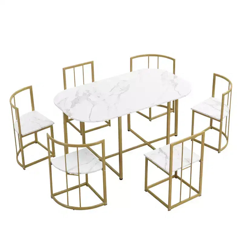 Set tavolo da pranzo moderno in marmo per 6 persone con struttura in metallo, tavolo rettangolare con adesivo effetto marmo e 6 sedie per sala da pranzo e cucina