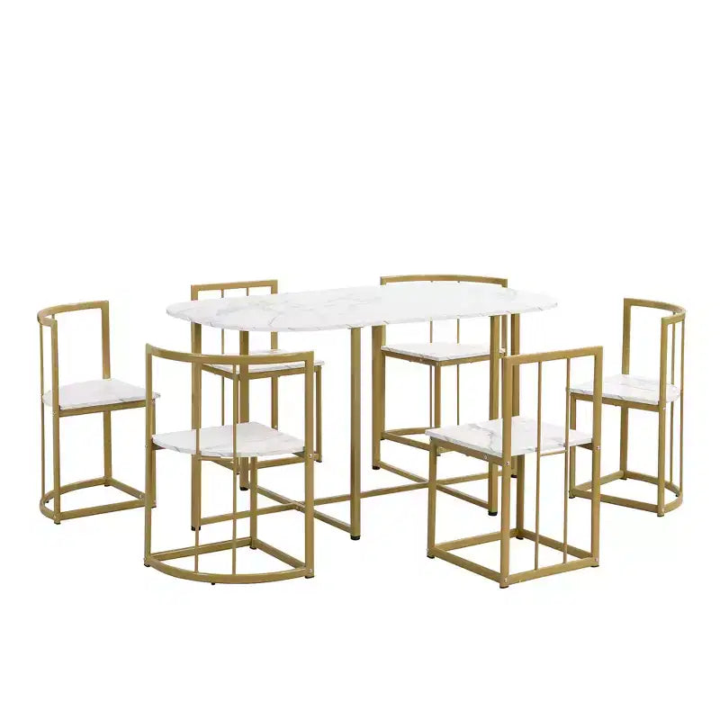 Set tavolo da pranzo moderno in marmo per 6 persone con struttura in metallo, tavolo rettangolare con adesivo effetto marmo e 6 sedie per sala da pranzo e cucina