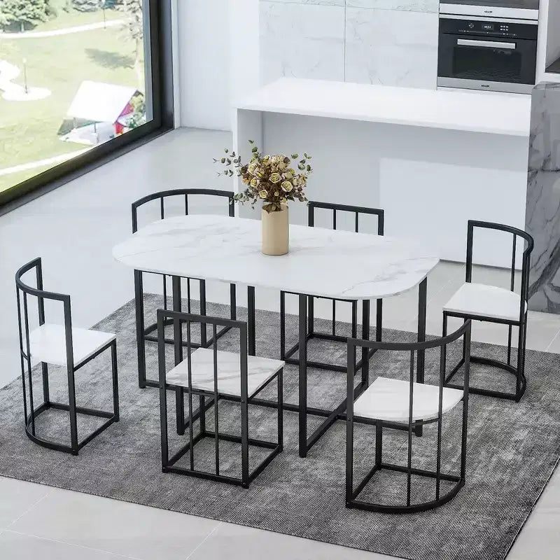 Set tavolo da pranzo moderno in marmo per 6 persone con struttura in metallo, tavolo rettangolare con adesivo effetto marmo e 6 sedie per sala da pranzo e cucina