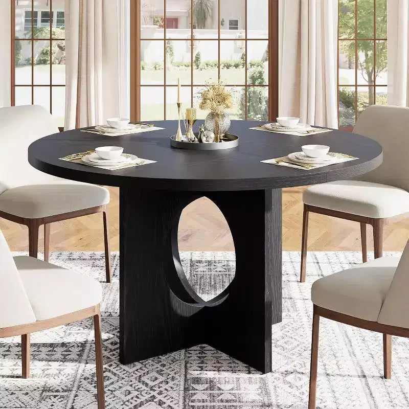 47 Round Dining Table for 4-6 People, Circle Kitchen Tables with Sturdy Pedestal Base, Space Saving Dinning Room Furniture for Dining room, Kitchen