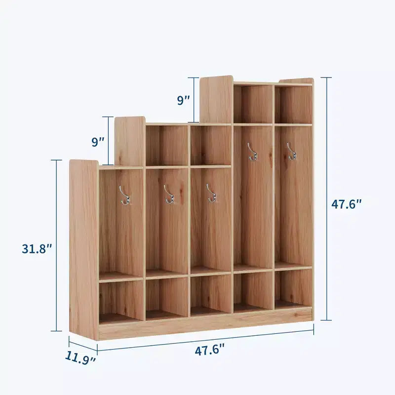 Armadietto Appendiabiti per Aula a 5 Scomparti con 9 Vani, Organizer Portaoggetti in Legno con 10 Ganci, Armadietti per Aula per Casa, Ufficio, Scuola, Palestra