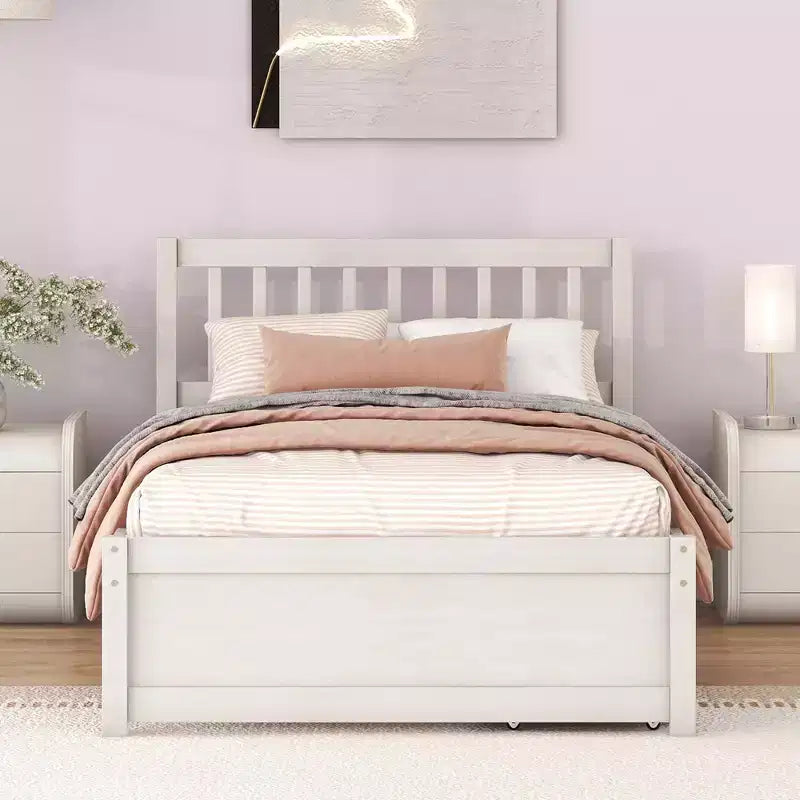 MAYEERTY Modern Twin Size Platform Bed, White Washed Wood Frame with 2 Drawers