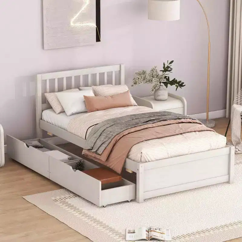 MAYEERTY Letto a piattaforma moderno, una piazza e mezza, in legno con finitura bianca anticata e 2 cassetti