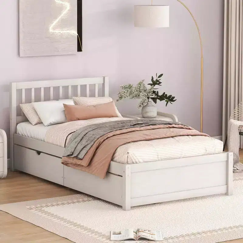 MAYEERTY Letto a piattaforma moderno, una piazza e mezza, in legno con finitura bianca anticata e 2 cassetti