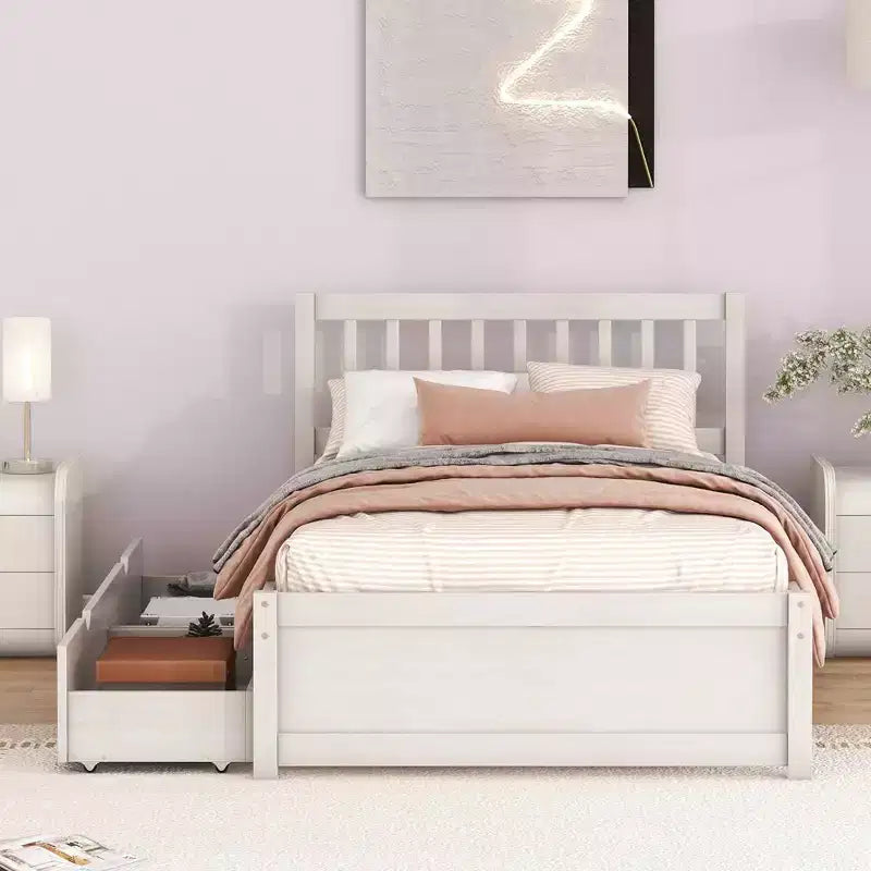 MAYEERTY Letto a piattaforma moderno, una piazza e mezza, in legno con finitura bianca anticata e 2 cassetti
