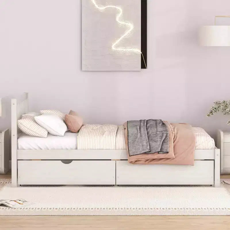 MAYEERTY Letto a piattaforma moderno, una piazza e mezza, in legno con finitura bianca anticata e 2 cassetti
