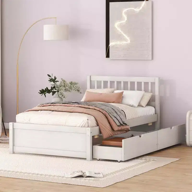 MAYEERTY Letto a piattaforma moderno, una piazza e mezza, in legno con finitura bianca anticata e 2 cassetti