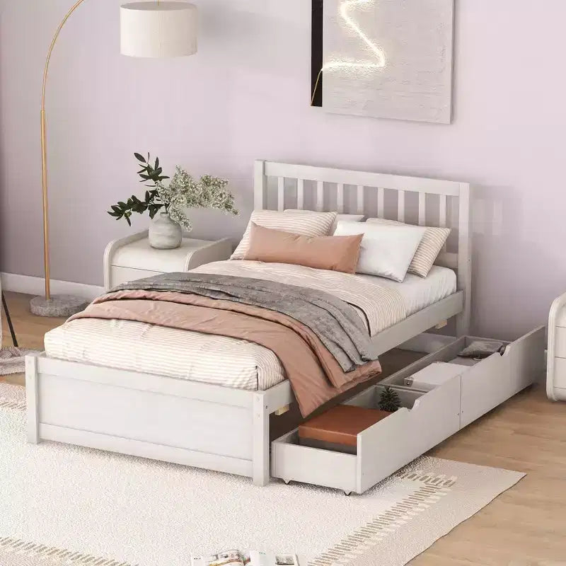 MAYEERTY Letto a piattaforma moderno, una piazza e mezza, in legno con finitura bianca anticata e 2 cassetti