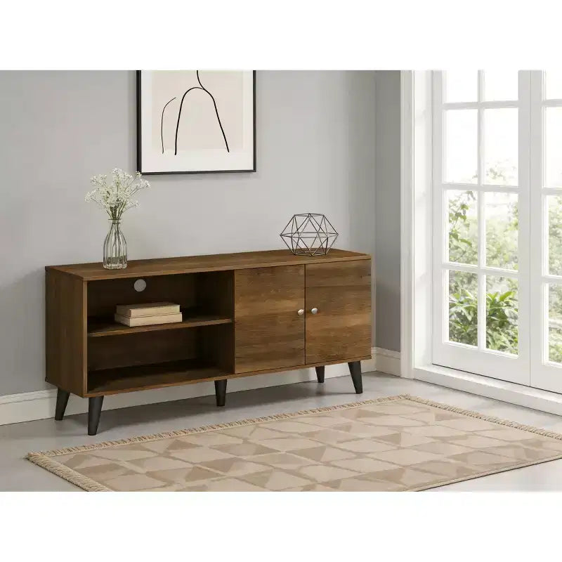 JVNOXK 47.3-inch Modern Living Room Entertainment Center, suitable for TVs under 50 inches, featuring 2-tier storage shelves and 1 cabinet, Brown