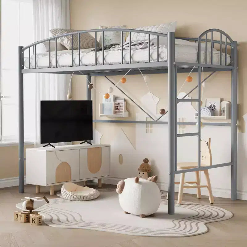 Loft Bed Twin Size, Heavy Duty Metal Loft Bed Frame with Arched Guardrail and Safety Ladder, Space-Saving, No Box Spring Needed, Modern Gray