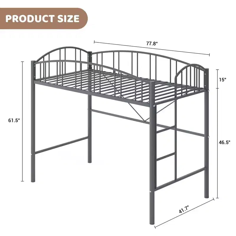 Letto a soppalco singolo, struttura in metallo resistente con sponda protettiva ad arco e scaletta di sicurezza, salvaspazio, non è necessario il materasso con molle, grigio moderno