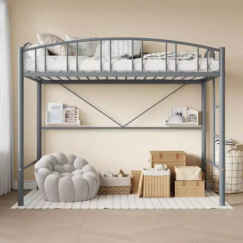 Letto a soppalco singolo, struttura in metallo resistente con sponda protettiva ad arco e scaletta di sicurezza, salvaspazio, non è necessario il materasso con molle, grigio moderno