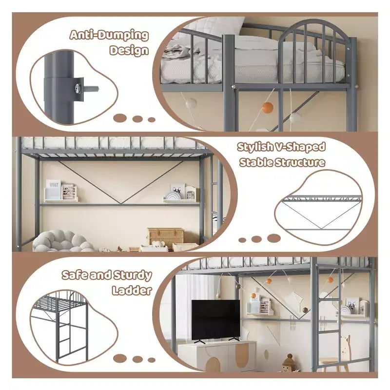 Letto a soppalco singolo, struttura in metallo resistente con sponda protettiva ad arco e scaletta di sicurezza, salvaspazio, non è necessario il materasso con molle, grigio moderno