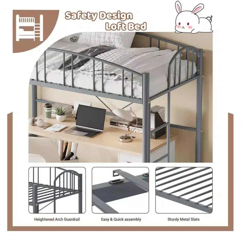 Letto a soppalco singolo, struttura in metallo resistente con sponda protettiva ad arco e scaletta di sicurezza, salvaspazio, non è necessario il materasso con molle, grigio moderno