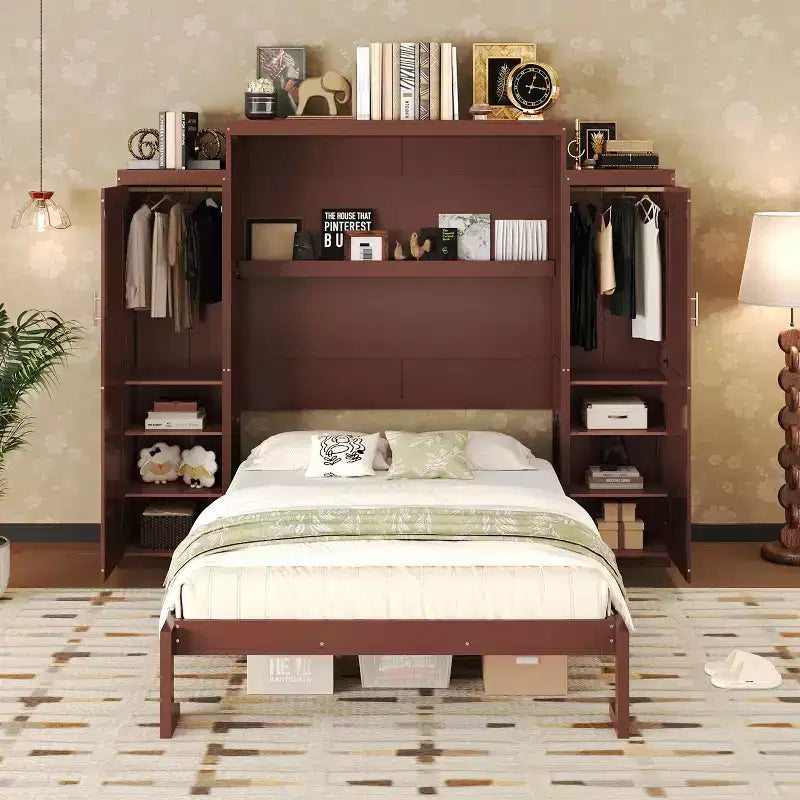 MAYEERTY Queen Size Murphy Bed with 2 Wardrobe and Storage Shelf Multifunctional Foldable Platform Bedframe for Bedroom Walnut