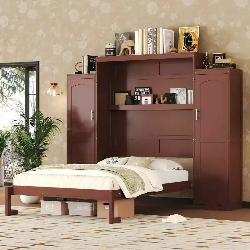 MAYEERTY Letto a scomparsa matrimoniale con 2 armadi e scaffale contenitore, telaio letto a piattaforma pieghevole multifunzionale per camera da letto, noce