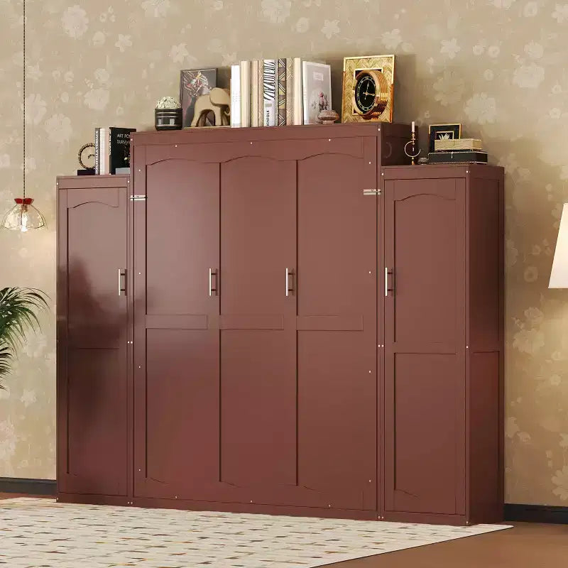 MAYEERTY Letto a scomparsa matrimoniale con 2 armadi e scaffale contenitore, telaio letto a piattaforma pieghevole multifunzionale per camera da letto, noce