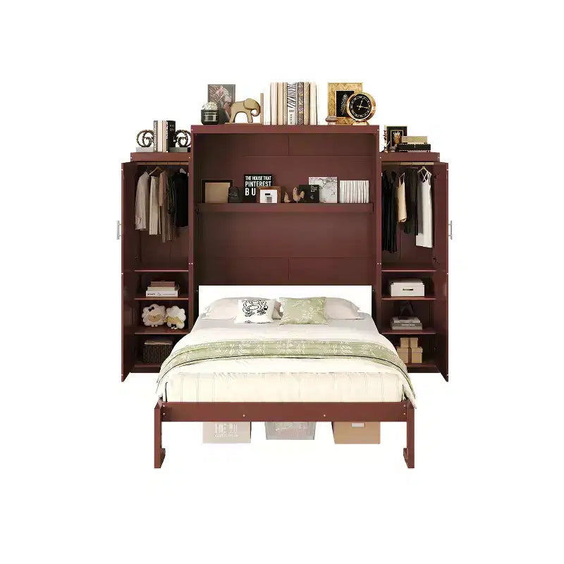 MAYEERTY Letto a scomparsa matrimoniale con 2 armadi e scaffale contenitore, telaio letto a piattaforma pieghevole multifunzionale per camera da letto, noce