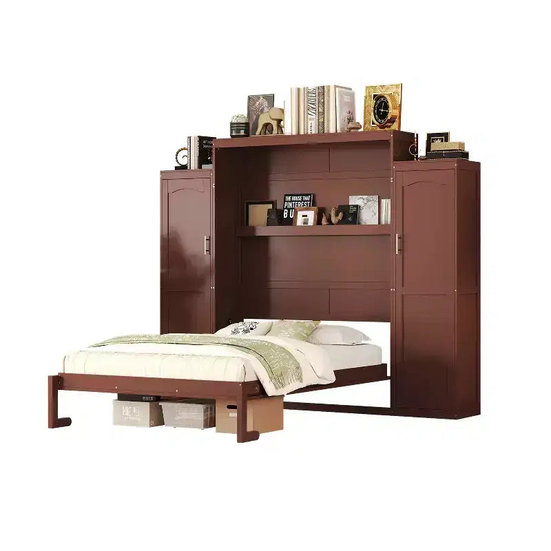 MAYEERTY Letto a scomparsa matrimoniale con 2 armadi e scaffale contenitore, telaio letto a piattaforma pieghevole multifunzionale per camera da letto, noce