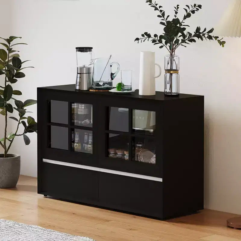 Luck Live Modern 47.04 Storage Cabinet with Push-to-Open Acrylic Doors, Solid Wood Plywood Frame, Adjustable Shelves & 2 Drawers