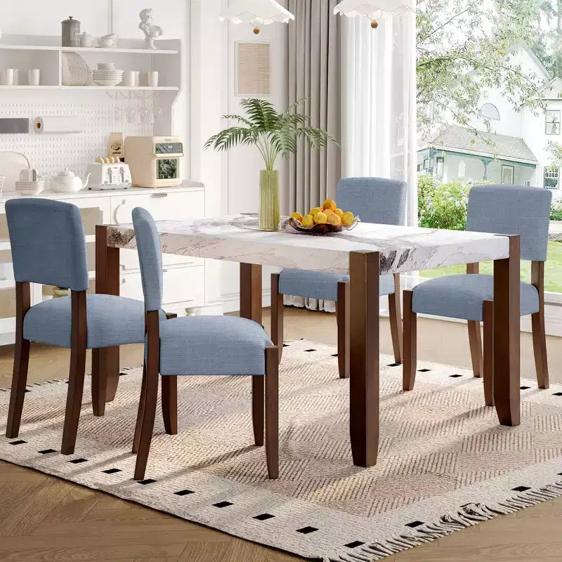 Set da pranzo in finto marmo per 4 persone, tavolo da pranzo rettangolare da 5 pezzi con 4 sedie imbottite per cucine piccole