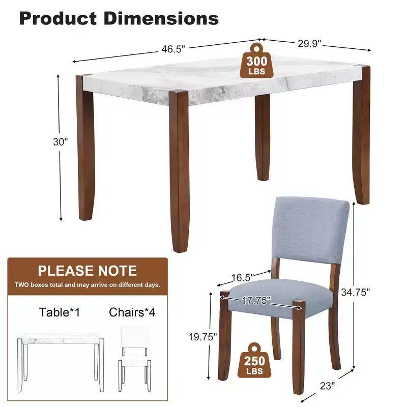 Set da pranzo in finto marmo per 4 persone, tavolo da pranzo rettangolare da 5 pezzi con 4 sedie imbottite per cucine piccole