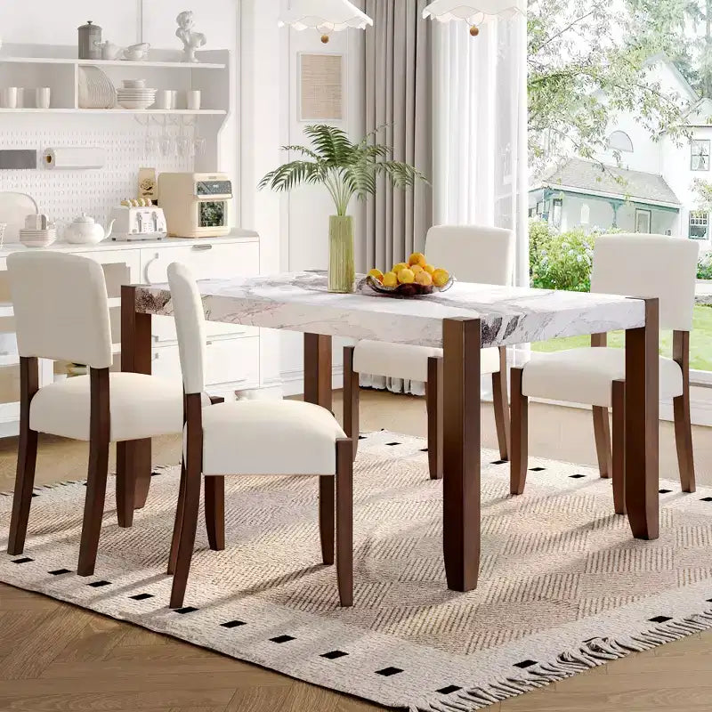 Set da pranzo in finto marmo per 4 persone, tavolo da pranzo rettangolare da 5 pezzi con 4 sedie imbottite per cucine piccole