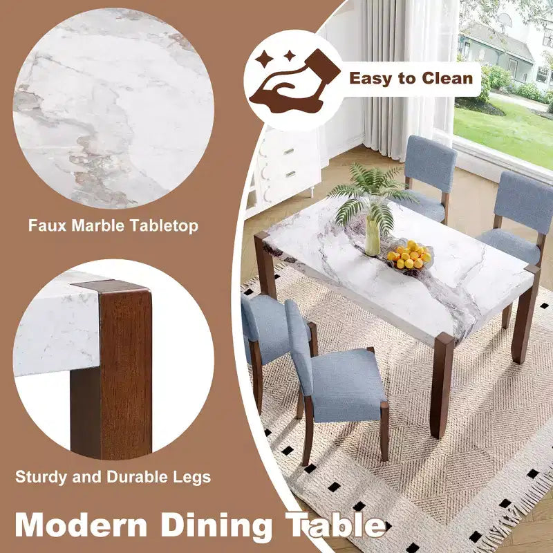 Set da pranzo in finto marmo per 4 persone, tavolo da pranzo rettangolare da 5 pezzi con 4 sedie imbottite per cucine piccole