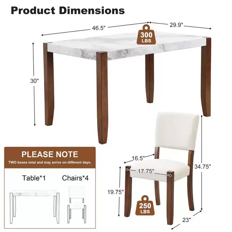 Set da pranzo in finto marmo per 4 persone, tavolo da pranzo rettangolare da 5 pezzi con 4 sedie imbottite per cucine piccole