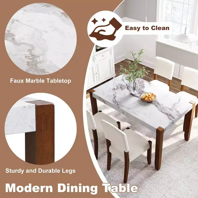 Set da pranzo in finto marmo per 4 persone, tavolo da pranzo rettangolare da 5 pezzi con 4 sedie imbottite per cucine piccole