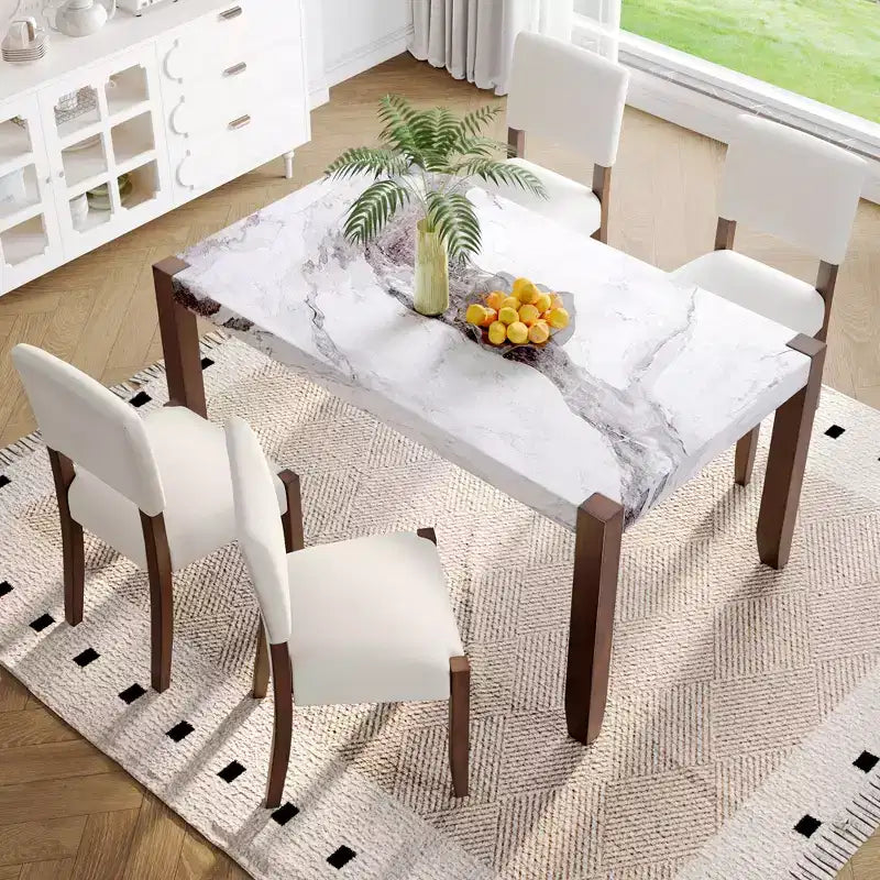 Faux Marble Dining Table Set for 4, 5 Pieces Rectangle Dining Table with 4 Upholstered Chairs for Small Space Kictchen