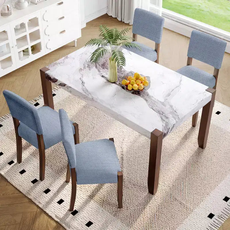 Set da pranzo in finto marmo per 4 persone, tavolo da pranzo rettangolare da 5 pezzi con 4 sedie imbottite per cucine piccole