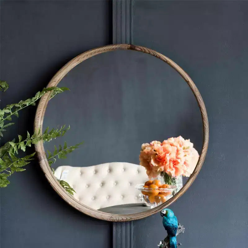 28 Rustic Round Wood Wall Mirror, Farmhouse Fir Wood Circle Decorative Mirror for Entryway & Living Room - Panipeachy