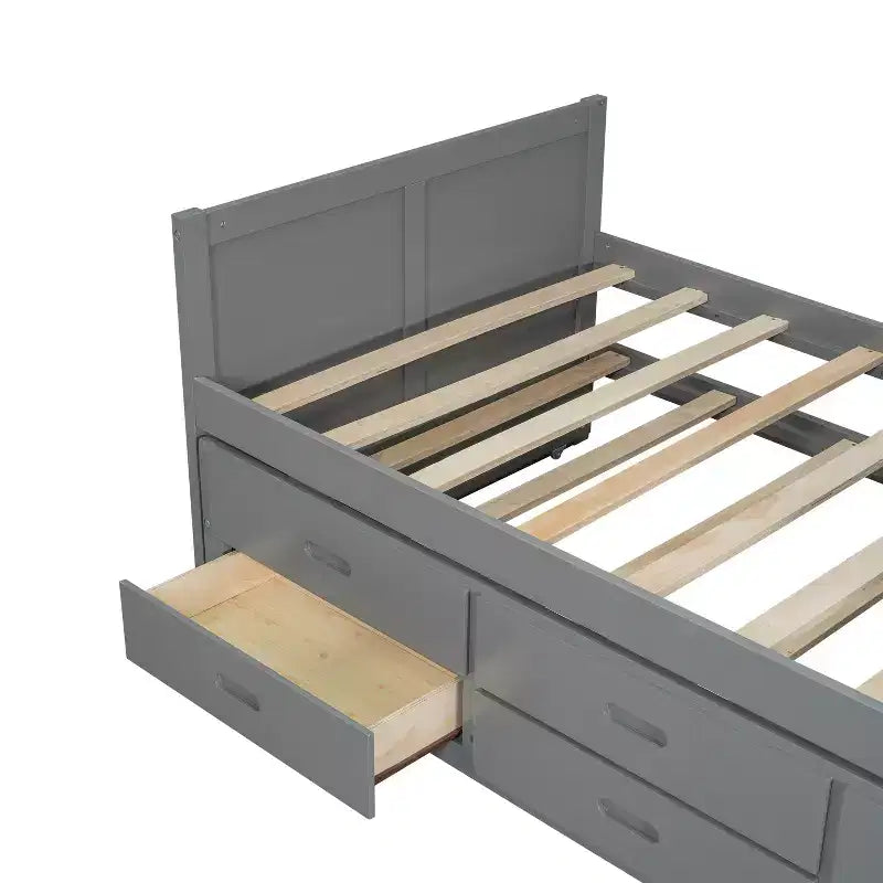 Letto a piattaforma in legno Twin Size con scrivania e ripiano portaoggetti, telaio letto matrimoniale/queen in legno con letto estraibile e 3 cassetti