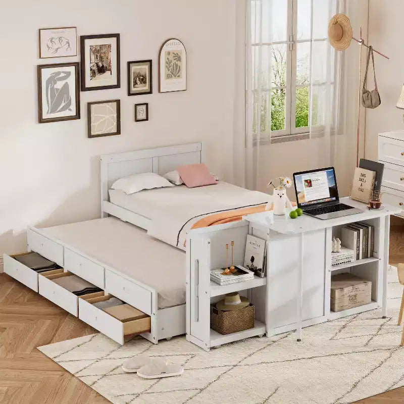 Letto a piattaforma in legno Twin Size con scrivania e ripiano portaoggetti, telaio letto matrimoniale/queen in legno con letto estraibile e 3 cassetti