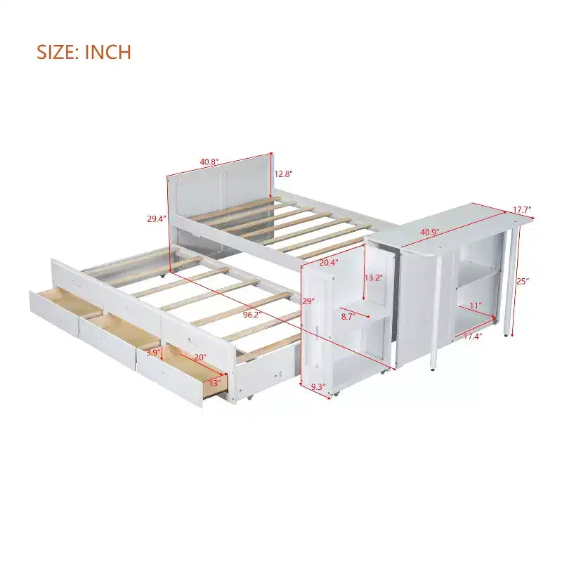 Letto a piattaforma in legno Twin Size con scrivania e ripiano portaoggetti, telaio letto matrimoniale/queen in legno con letto estraibile e 3 cassetti