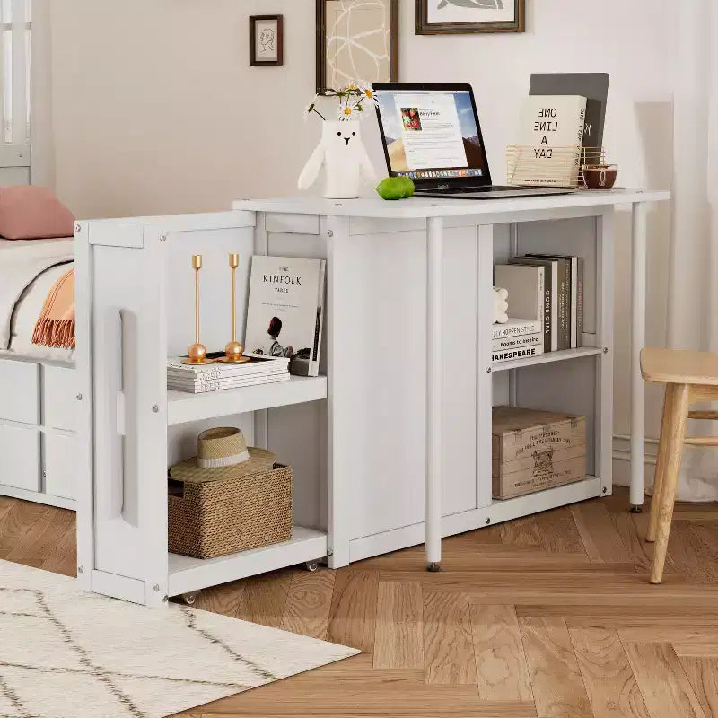 Letto a piattaforma in legno Twin Size con scrivania e ripiano portaoggetti, telaio letto matrimoniale/queen in legno con letto estraibile e 3 cassetti
