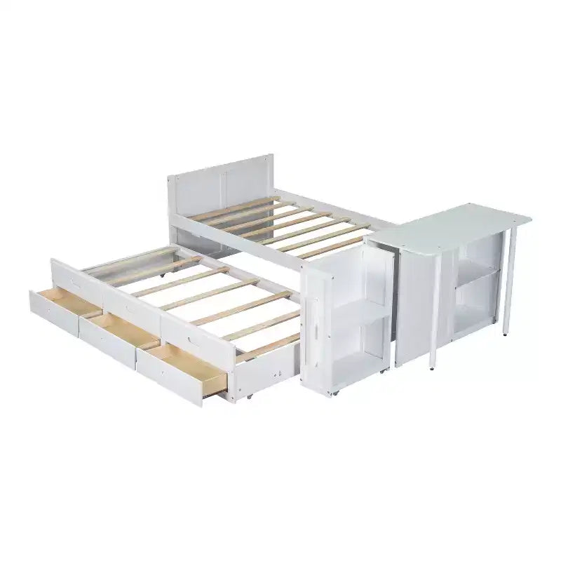 Letto a piattaforma in legno Twin Size con scrivania e ripiano portaoggetti, telaio letto matrimoniale/queen in legno con letto estraibile e 3 cassetti