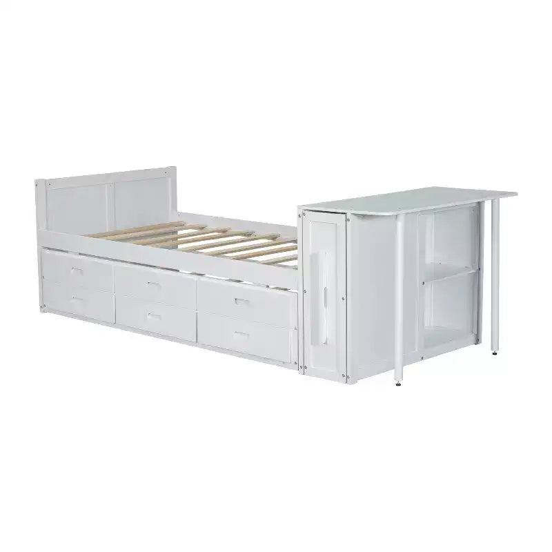 Letto a piattaforma in legno Twin Size con scrivania e ripiano portaoggetti, telaio letto matrimoniale/queen in legno con letto estraibile e 3 cassetti