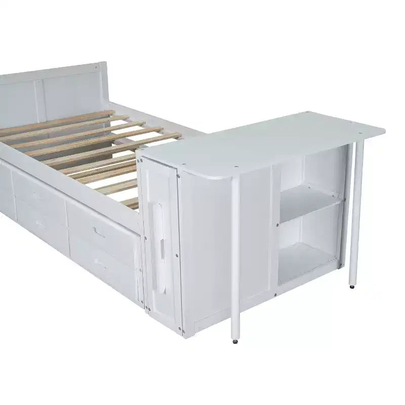 Letto a piattaforma in legno Twin Size con scrivania e ripiano portaoggetti, telaio letto matrimoniale/queen in legno con letto estraibile e 3 cassetti