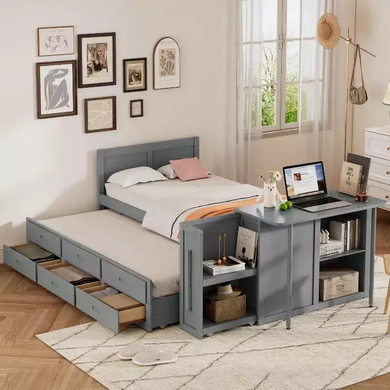 Letto a piattaforma in legno Twin Size con scrivania e ripiano portaoggetti, telaio letto matrimoniale/queen in legno con letto estraibile e 3 cassetti