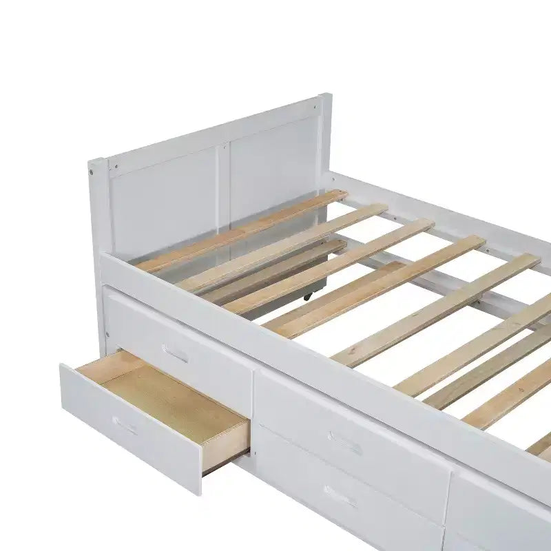 Letto a piattaforma in legno Twin Size con scrivania e ripiano portaoggetti, telaio letto matrimoniale/queen in legno con letto estraibile e 3 cassetti