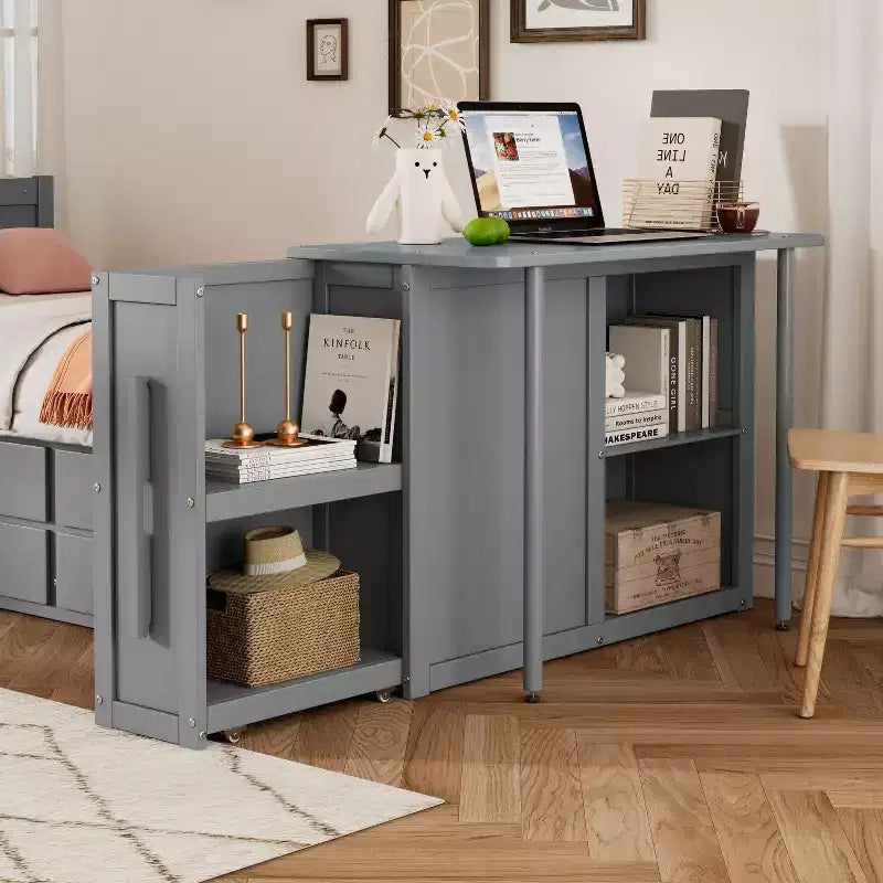 Letto a piattaforma in legno Twin Size con scrivania e ripiano portaoggetti, telaio letto matrimoniale/queen in legno con letto estraibile e 3 cassetti