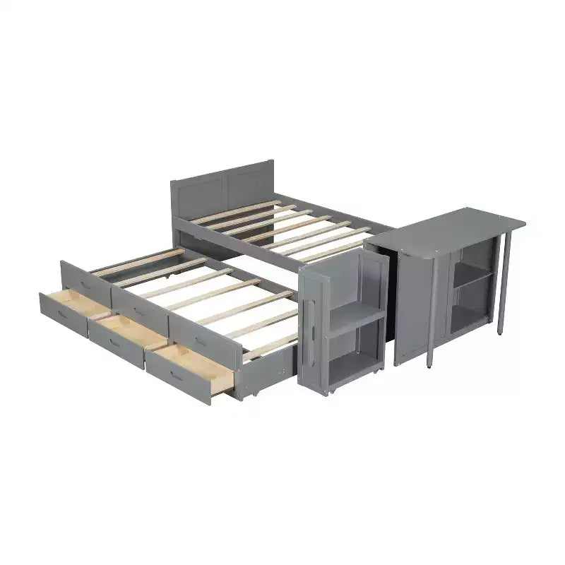 Letto a piattaforma in legno Twin Size con scrivania e ripiano portaoggetti, telaio letto matrimoniale/queen in legno con letto estraibile e 3 cassetti